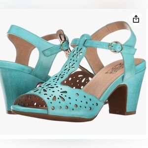 Miz Mooz Turquoise Phyllis Dress Sandals with Laser-Cut Design